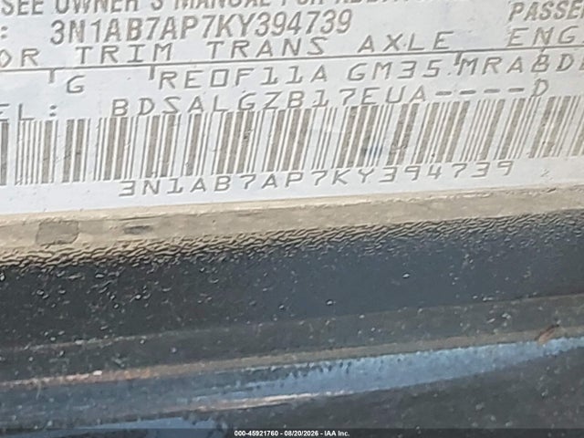 2019 Nissan Sentra Sl მანქანა იყიდება აუქციონზე, vin: 3N1AB7AP7KY394739, აუქციონის ნომერი: 45921760