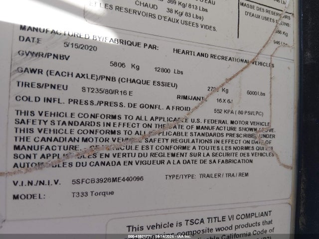 45921771 :رقم المزاد ، 5SFCB3928ME440096 vin ، 2021 Heartland Rv T333 Torque مزاد بيع
