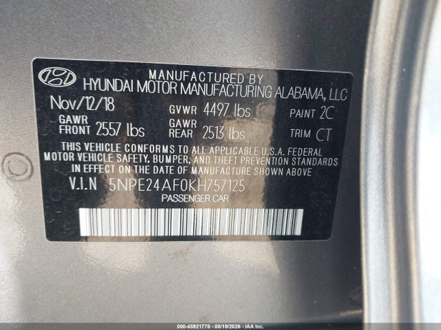 Продажа на аукционе авто 2019 Hyundai Sonata Se, vin: 5NPE24AF0KH757125, номер лота: 45921778