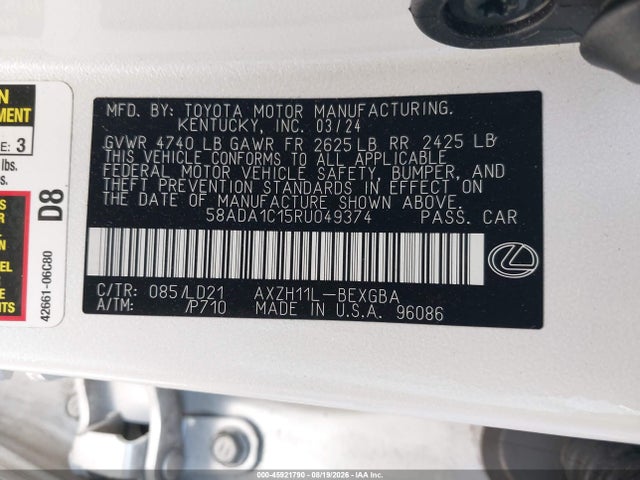 Продаж на аукціоні авто 2024 Lexus Es 300h, vin: 58ADA1C15RU049374, номер лоту: 45921790