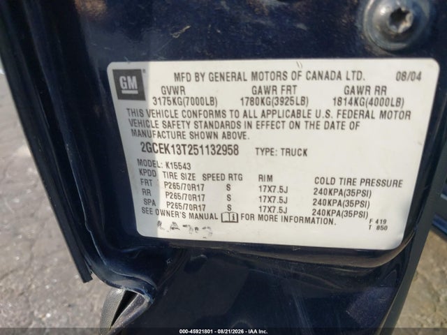 Продаж на аукціоні авто 2005 Chevrolet Silverado 1500 Ls, vin: 2GCEK13T251132958, номер лоту: 45921801
