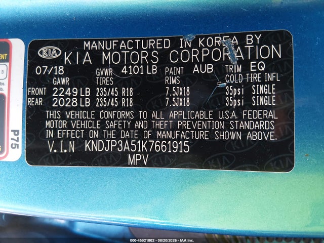 KIA SOUL + 2019 KNDJP3A51K7661915 Image 9