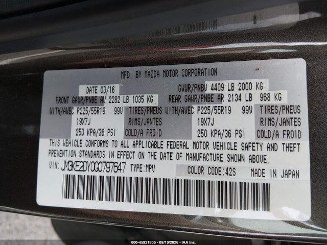 2016 Mazda Cx-5 Grand Touring მანქანა იყიდება აუქციონზე, vin: JM3KE2DY0G0797647, აუქციონის ნომერი: 45921805