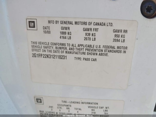 45921810 :رقم المزاد ، 2G1FP22K312118231 vin ، 2001 Chevrolet Camaro مزاد بيع