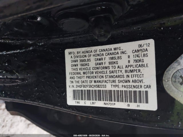 Aukcja sprzedaży 2012 Honda Civic Lx, vin: 2HGFB2F59CH582233, numer aukcji: 45921809