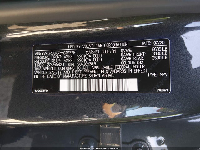 Aukcja sprzedaży 2021 Volvo Xc90 Recharge Plug-in Hybrid T8 Inscription Expression 7 Passenger, vin: YV4BR0CK7M1675725, numer aukcji: 45921813