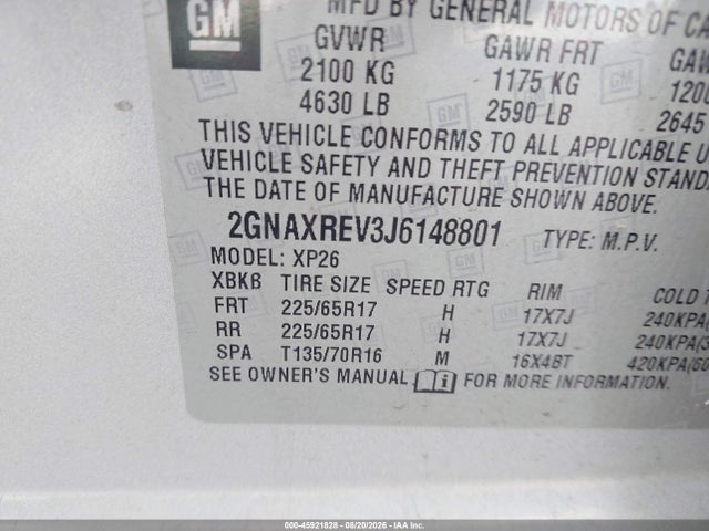 2018 Chevrolet Equinox Ls მანქანა იყიდება აუქციონზე, vin: 2GNAXREV3J6148801, აუქციონის ნომერი: 45921828
