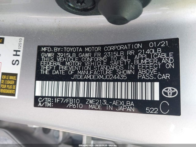 Продажа на аукционе авто 2021 Toyota Corolla Hybrid Le, vin: JTDEAMDEXMJ024435, номер лота: 45921833