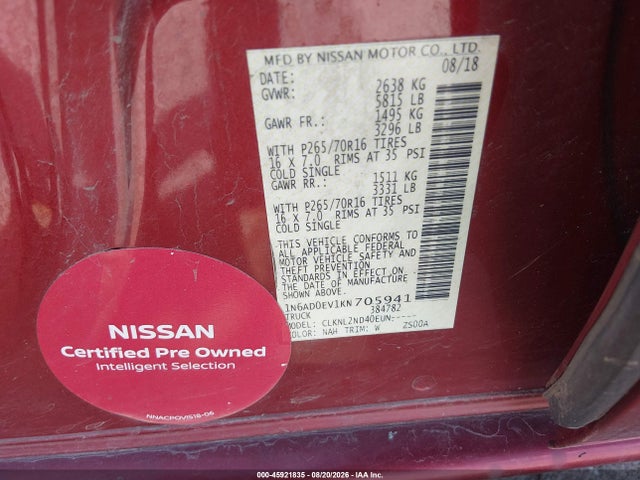 Aukcja sprzedaży 2019 Nissan Frontier Sv, vin: 1N6AD0EV1KN705941, numer aukcji: 45921835