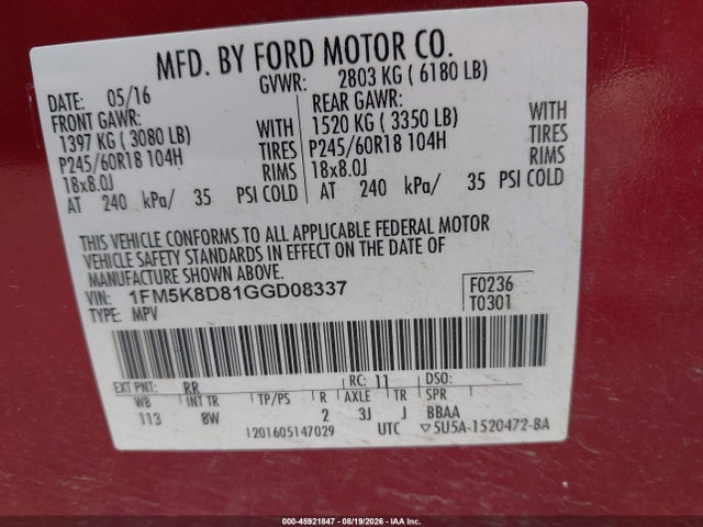 45921847 :رقم المزاد ، 1FM5K8D81GGD08337 vin ، 2016 Ford Explorer Xlt مزاد بيع