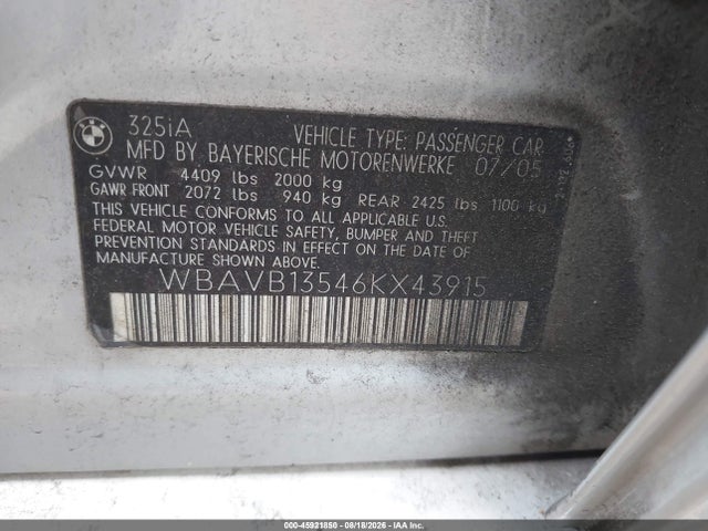 Aukcja sprzedaży 2006 Bmw 325i, vin: WBAVB13546KX43915, numer aukcji: 45921850