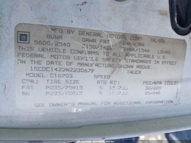 Aukcja sprzedaży 1992 Chevrolet Gmt-400 C1500, vin: 1GCDC14Z2NZ230679, numer aukcji: 45921866