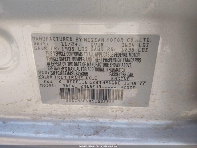 Aukcja sprzedaży 2025 Nissan Versa 1.6 Sv, vin: 3N1CN8EV4SL825355, numer aukcji: 45921869