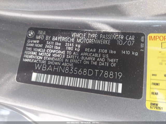 Продаж на аукціоні авто 2008 Bmw 750li, vin: WBAHN83568DT78819, номер лоту: 45921883