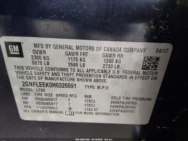 Продаж на аукціоні авто 2017 Chevrolet Equinox Ls, vin: 2GNFLEEK0H6326691, номер лоту: 45921886
