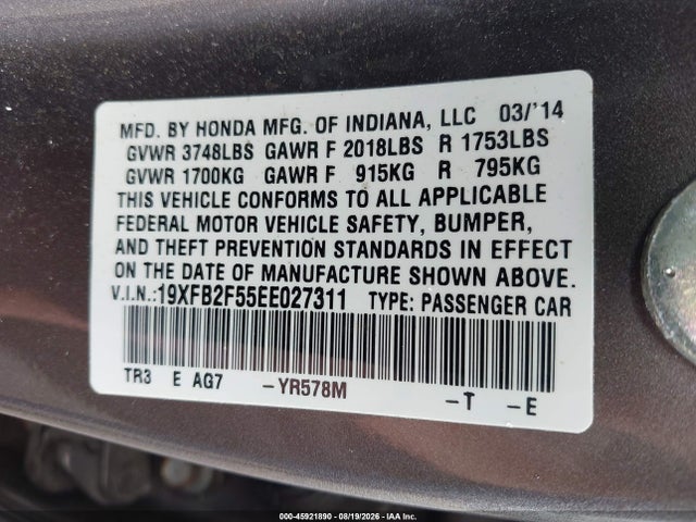 Продажа на аукционе авто 2014 Honda Civic Lx, vin: 19XFB2F55EE027311, номер лота: 45921890