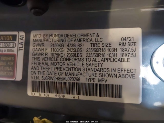 2021 Honda Cr-v Awd Ex-l მანქანა იყიდება აუქციონზე, vin: 5J6RW2H85ML020268, აუქციონის ნომერი: 45921898