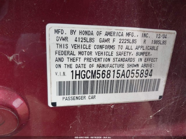 Продажа на аукционе авто 2005 Honda Accord 2.4 Ex, vin: 1HGCM56815A055894, номер лота: 45921906