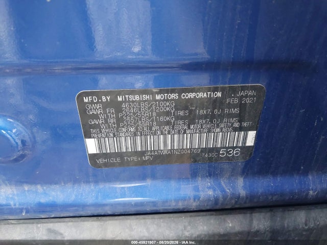 45921907 :رقم المزاد ، JA4ATWAA1NZ004769 vin ، 2022 Mitsubishi Eclipse Cross Se S-awc/se Special Edition S-awc/sel S-awc/sel Special Edition S-awc مزاد بيع