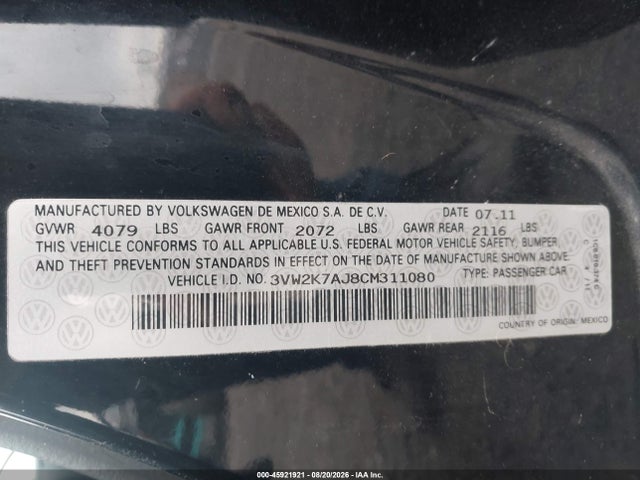 Продажа на аукционе авто 2012 Volkswagen Jetta 2.0l S, vin: 3VW2K7AJ8CM311080, номер лота: 45921921