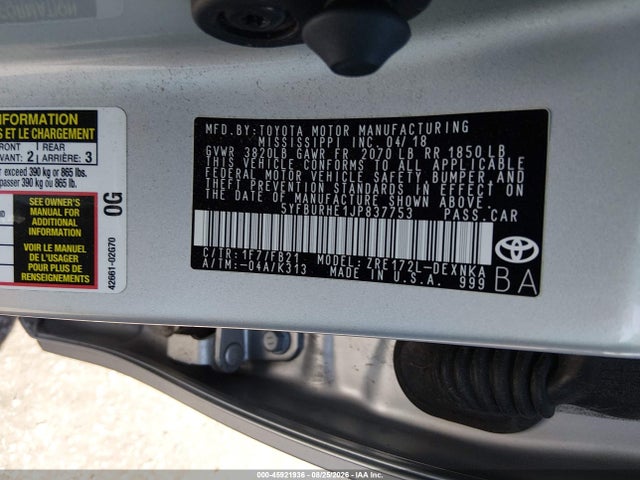 5YFBURHE1JP837753 Toyota COROLLA LE