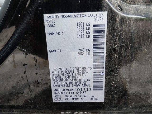 Продажа на аукционе авто 2024 Nissan Altima Sr Fwd, vin: 1N4BL4CVXRN401513, номер лота: 45921937