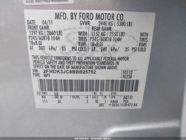 Продажа на аукционе авто 2011 Ford Edge Sel, vin: 2FMDK3JC8BBB25752, номер лота: 45921943