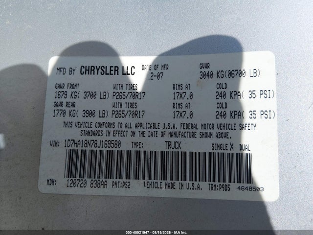 Продажа на аукционе авто 2008 Dodge Ram 1500 St/sxt, vin: 1D7HA18N78J169580, номер лота: 45921947