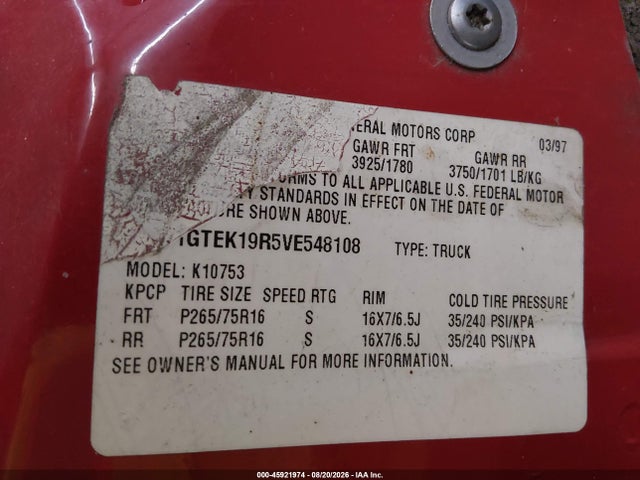 Продажа на аукционе авто 1997 Gmc Sierra 1500 Sl Wideside, vin: 1GTEK19R5VE548108, номер лота: 45921974