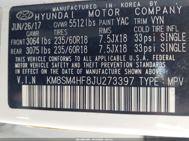 Продаж на аукціоні авто 2018 Hyundai Santa Fe Se, vin: KM8SM4HF8JU273397, номер лоту: 45921990