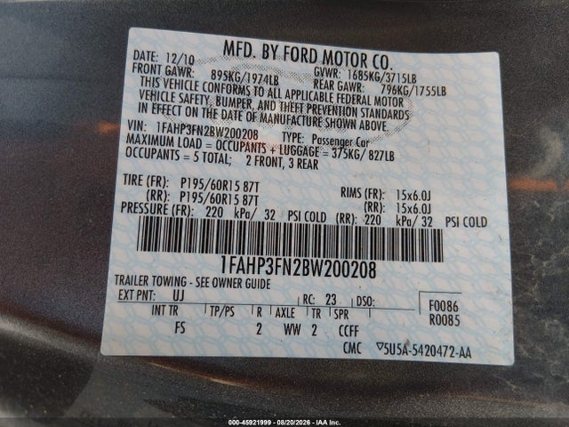 Продажа на аукционе авто 2011 Ford Focus Se, vin: 1FAHP3FN2BW200208, номер лота: 45921999