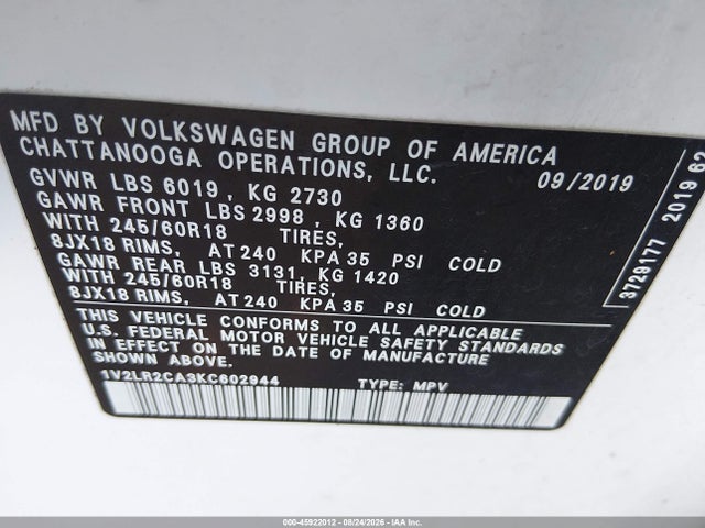 2019 Volkswagen Atlas 3.6l V6 Se მანქანა იყიდება აუქციონზე, vin: 1V2LR2CA3KC602944, აუქციონის ნომერი: 45922012