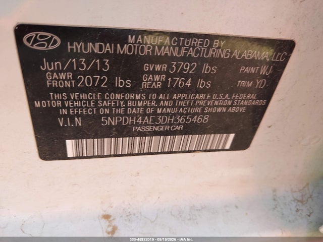 Продаж на аукціоні авто 2013 Hyundai Elantra Gls, vin: 5NPDH4AE3DH365468, номер лоту: 45922019