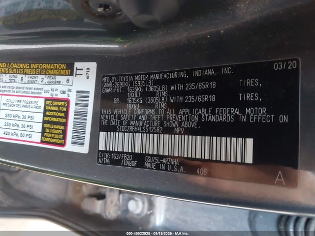 Aukcja sprzedaży 2020 Toyota Highlander L, vin: 5TDCZRBH4LS512582, numer aukcji: 45922025