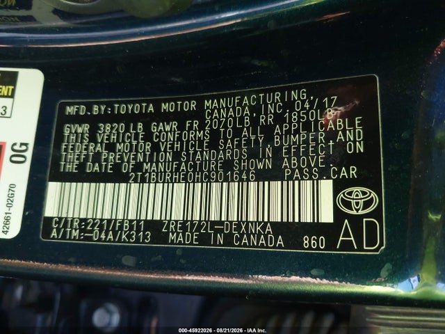 Toyota COROLLA LE 2017 2T1BURHE0HC901646 Image 9