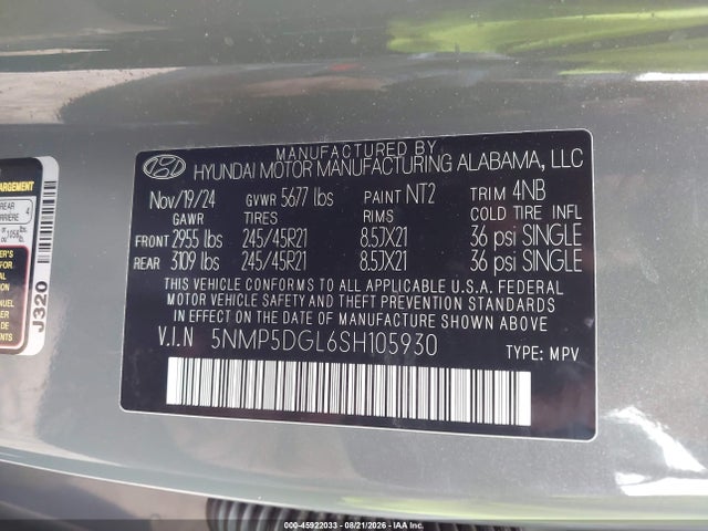 Продажа на аукционе авто 2025 Hyundai Santa Fe Calligraphy, vin: 5NMP5DGL6SH105930, номер лота: 45922033