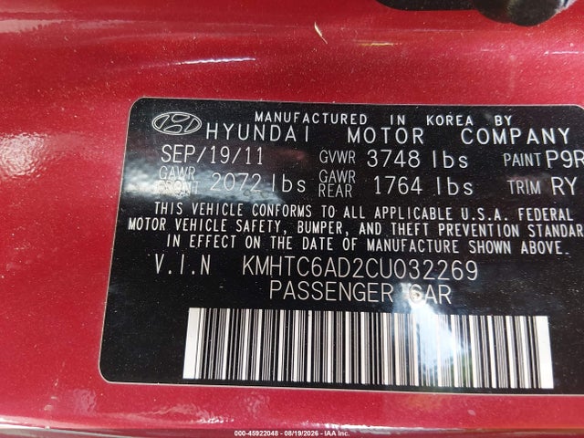 Продаж на аукціоні авто 2012 Hyundai Veloster Base W/red/black, vin: KMHTC6AD2CU032269, номер лоту: 45922048
