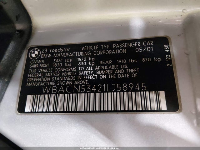 Aukcja sprzedaży 2001 Bmw Z3 3.0i, vin: WBACN53421LJ58945, numer aukcji: 45922051