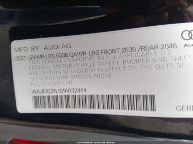 Aukcja sprzedaży 2021 Audi A5 Sportback Premium Plus 45 Tfsi Quattro S Tronic, vin: WAUFACF51MA032464, numer aukcji: 45922056