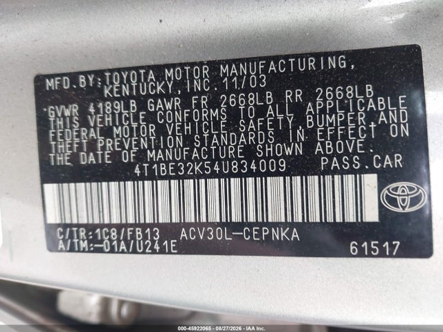 2004 Toyota Camry Le მანქანა იყიდება აუქციონზე, vin: 4T1BE32K54U834009, აუქციონის ნომერი: 45922065