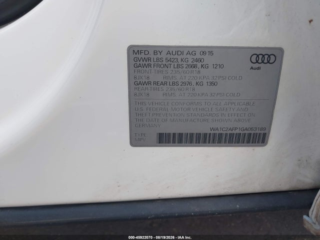 Продаж на аукціоні авто 2016 Audi Q5 2.0t Premium, vin: WA1C2AFP1GA053189, номер лоту: 45922070