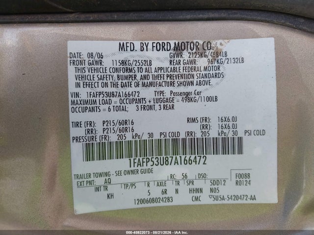 Auction sale of the 2007 Ford Taurus Se, vin: 1FAFP53U87A166472, lot number: 45922073