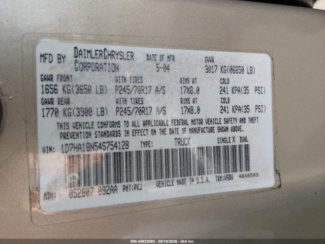 45922093 :رقم المزاد ، 1D7HA18N54S754128 vin ، 2004 Dodge Ram 1500 Slt/laramie مزاد بيع