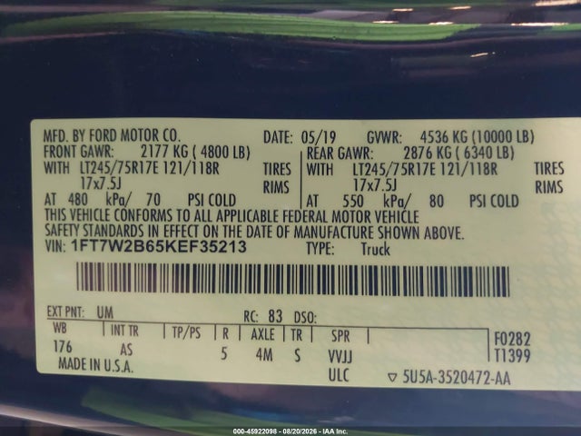 2019 Ford F-250 Xl მანქანა იყიდება აუქციონზე, vin: 1FT7W2B65KEF35213, აუქციონის ნომერი: 45922098