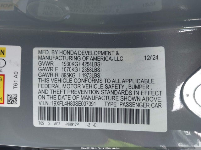 45922101 :رقم المزاد ، 19XFL4H80SE007091 vin ، 2025 Honda Civic Hybrid Sport مزاد بيع