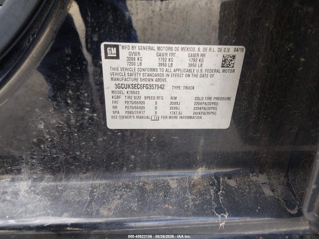 2015 Chevrolet Silverado 1500 Ltz მანქანა იყიდება აუქციონზე, vin: 3GCUKSEC6FG357942, აუქციონის ნომერი: 45922106