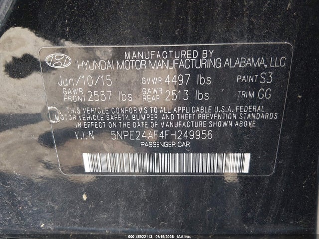 Aukcja sprzedaży 2015 Hyundai Sonata Se, vin: 5NPE24AF4FH249956, numer aukcji: 45922113
