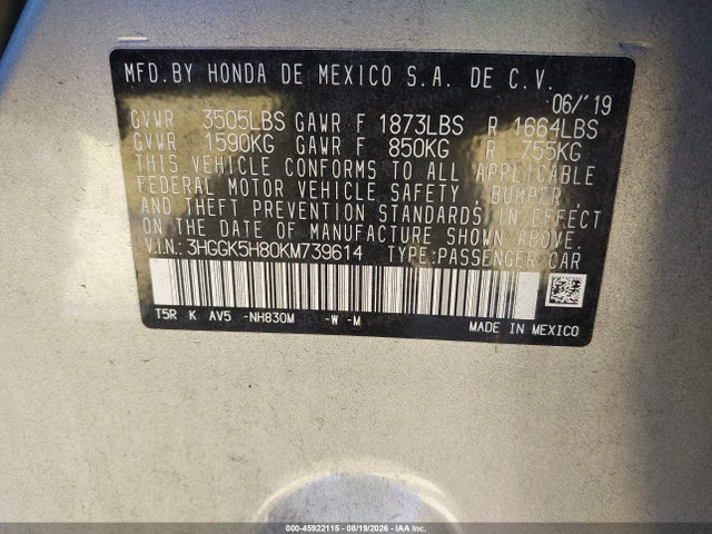3HGGK5H80KM739614 Honda FIT EX