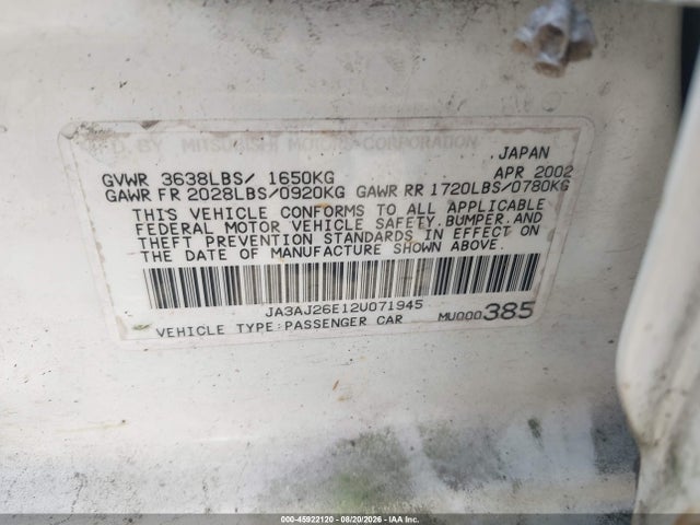 Aukcja sprzedaży 2002 Mitsubishi Lancer Es, vin: JA3AJ26E12U071945, numer aukcji: 45922120