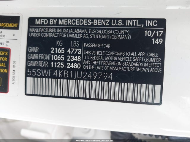 Продаж на аукціоні авто 2018 Mercedes-benz C 300 4matic, vin: 55SWF4KB1JU249794, номер лоту: 45922124